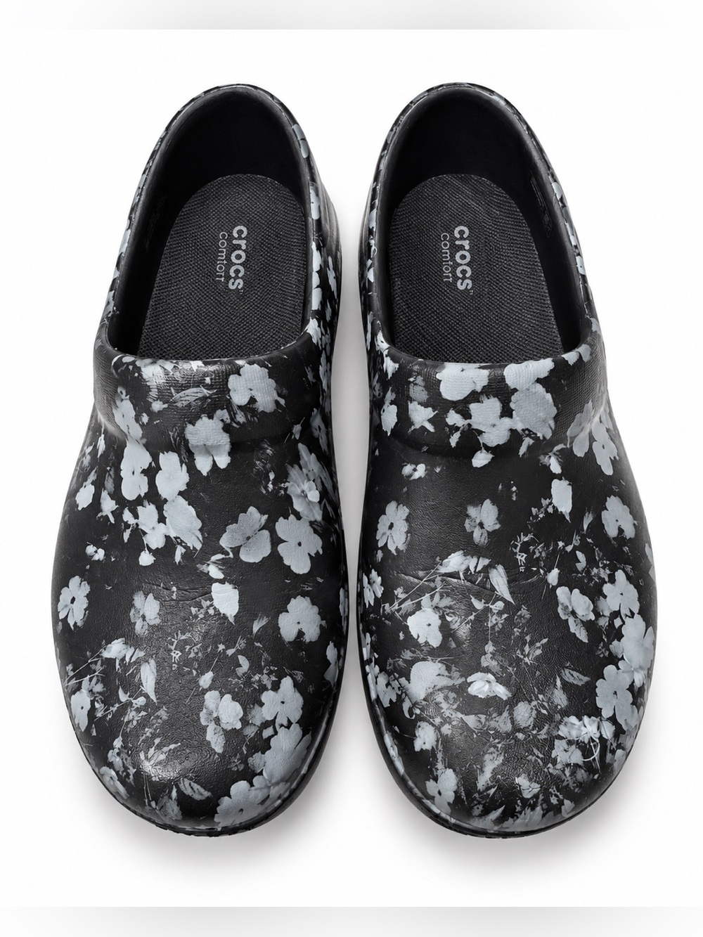 CROCS Black Clog with White Floral Print - Size 6